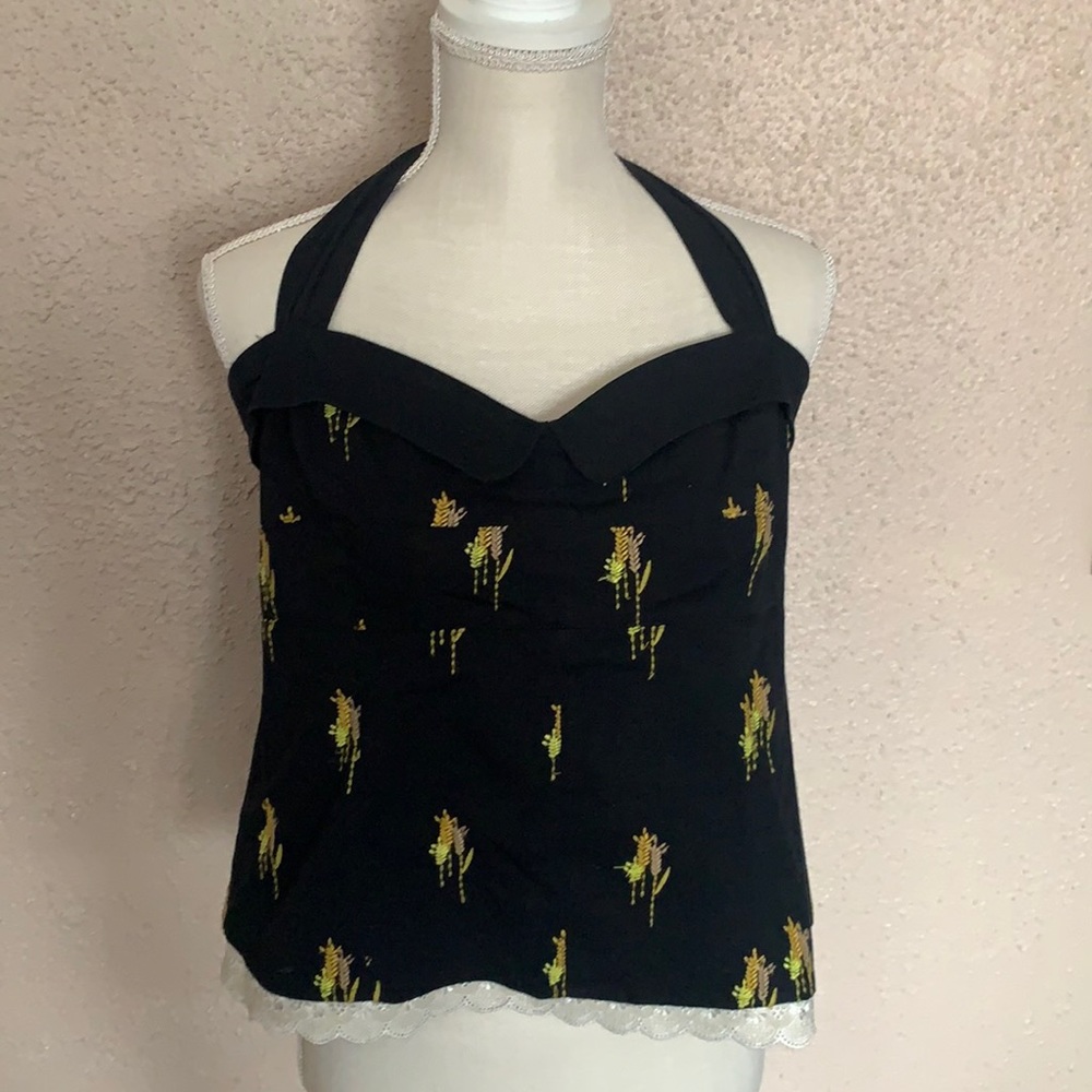 Floreat Black Lace-Trim Halter Cami with Gold wheat print - Picture 2 of 13